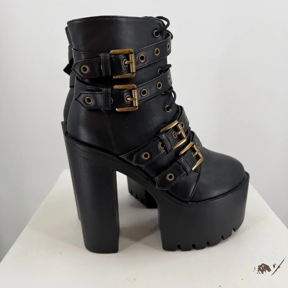 Womens Size 6 Black‎ Platform Boots Goth Punk Buckle Strap Chunky Heel